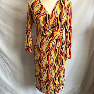 Anne Klein faux-wrap dress:multi-color poly spandx